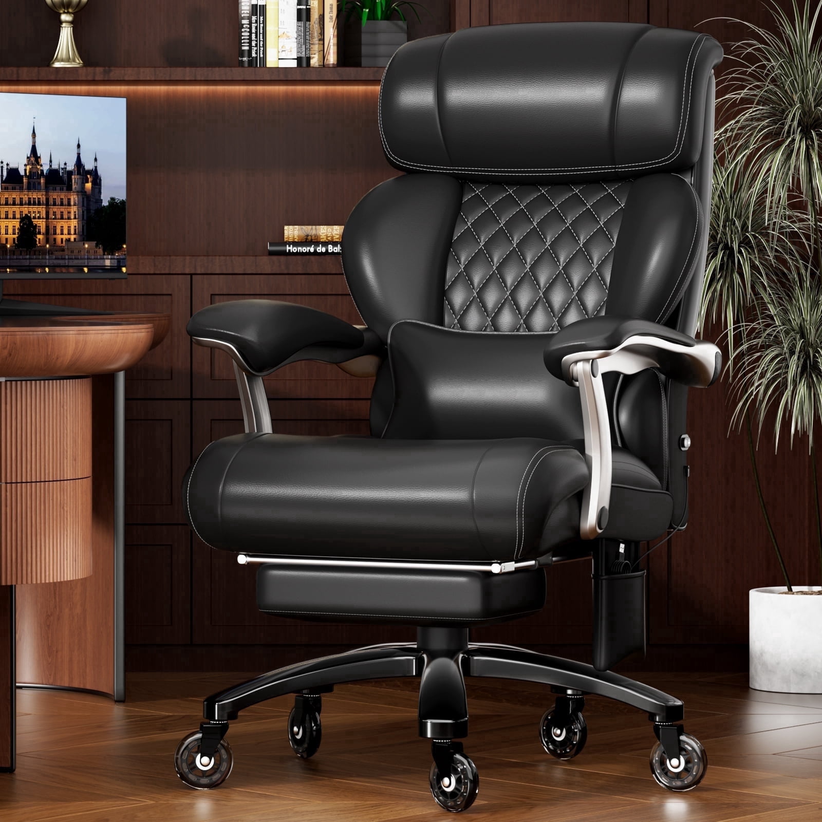 Heavy Duty Big and Tall Office Chair, 7.83Hz Schumann Resonance Relax Chair with Heating Function, Silent Rubber Casters, Thick Padded Seat, Black
