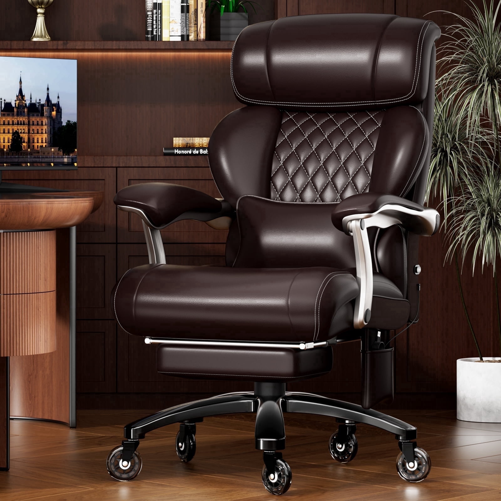 Heavy Duty Big and Tall Office Chair, 7.83Hz Schumann Resonance Relax Chair with Heating Function, Silent Rubber Casters, Thick Padded Seat, Brown