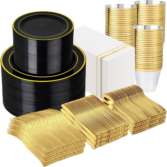 700PCS Black Plastic Plates - Gold Disposable Plastic Dinnerware Set Include 200 6.3inch/9inch Black Plates, 300 Silverware, 100 Napkins, 100 Cups for Party & Wedding & Holloween