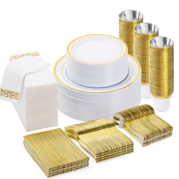 700PCS Clear Gold Disposable Dinnerware Set for 100 Guests, Plastic Plates for Party, Wedding, Christmas, Include: 200 Plastic Plates, 100 Gold Silverware, 100 Cups, 100 Napkins