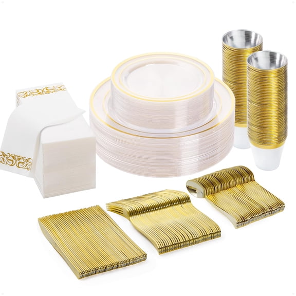 700PCS Clear Gold Disposable Dinnerware Set for 100 Guests, Plastic Plates for Party, Wedding, Christmas, Include: 200 Plastic Plates, 100 Gold Silverware, 100 Cups, 100 Napkins