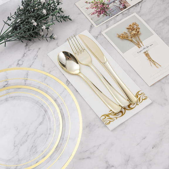700PCS Clear Gold Disposable Dinnerware Set for 100 Guests, Plastic Plates for Party, Wedding, Christmas, Include: 200 Plastic Plates, 100 Gold Silverware, 100 Cups, 100 Napkins