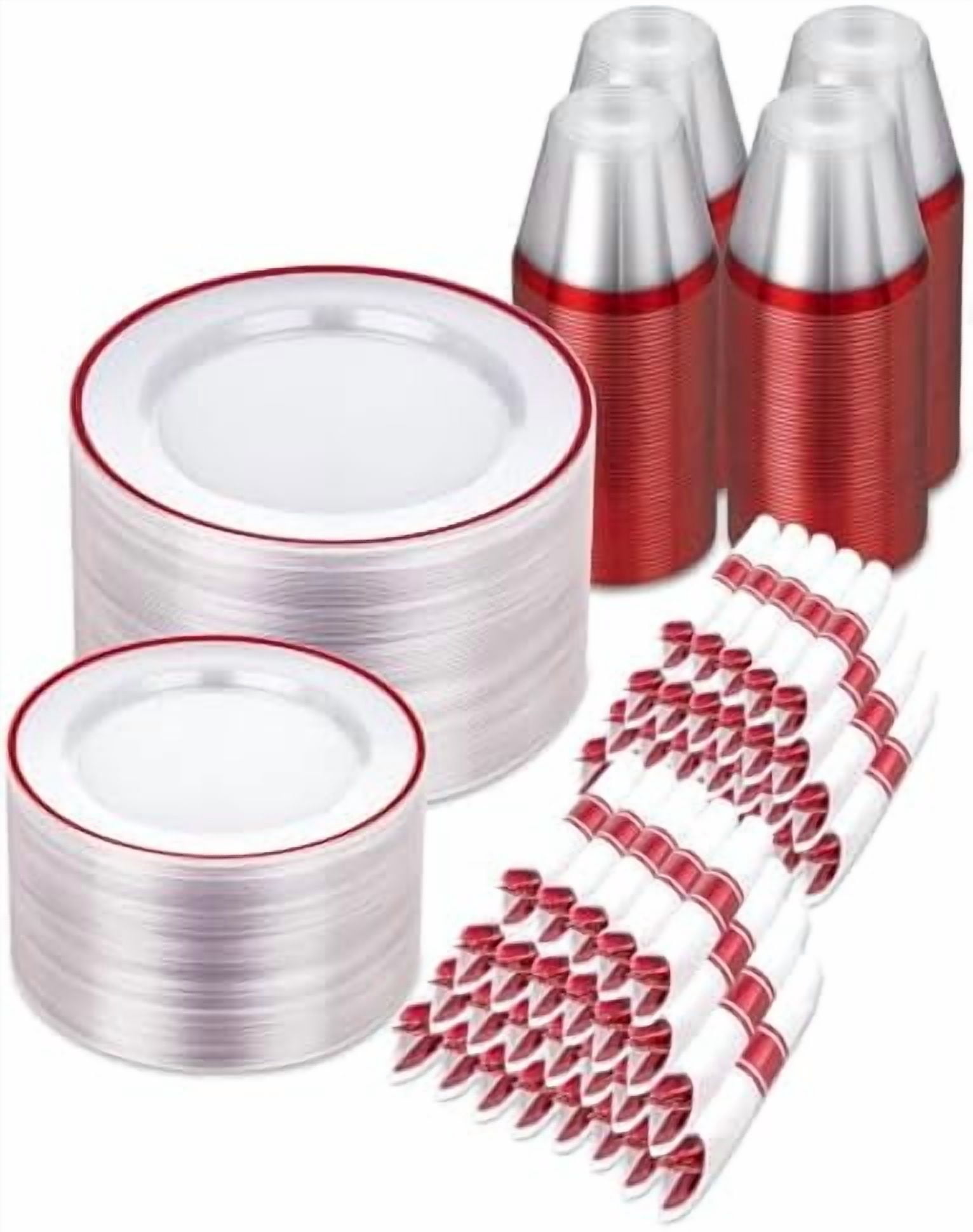Red Plasticware 700PCS Clear Red Disposable Plastic Dinnerware Set for 100 Guests, 200 ...