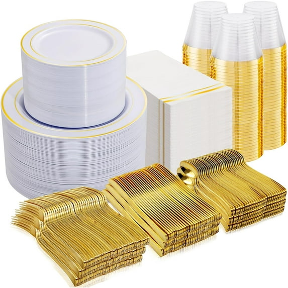 700PCS Gold Plastic Plates - Gold Disposable Dinnerware Set for 100 - Include 200 Dinner/Dessert Plates, 300 Cutlery, 100 Cups, 100 Napkins, Idea for Wedding/Party/New Year