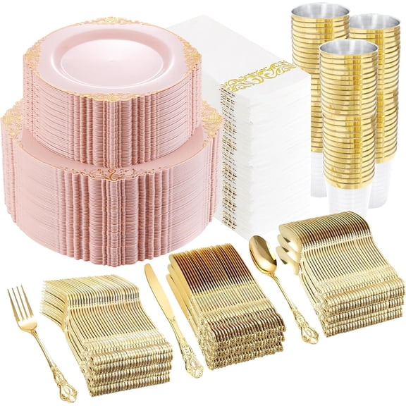 700PCS Pink Plastic Plates - Pink and Gold Plates - Luxury Pinks Dinnerware Set Include 200 Disposable Plates, 300 Heavy Duty Silverware, 100 Cups, 100 Napkins for Wedding Party