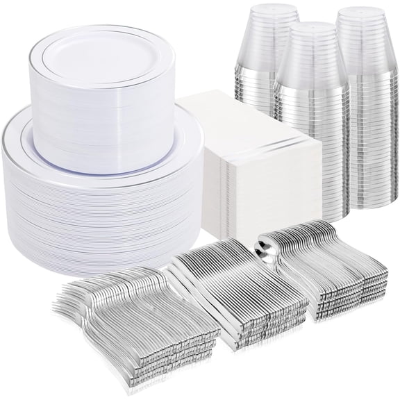 700PCS Silver Plastic Plates, Disposable Dinnerware Sets for 50 Guest - 100 Disposable Plate, 150 Plastic Silverware, 50 Cups, 50 Napkins for Wedding & Party & Christmas (Silver 700PCS)