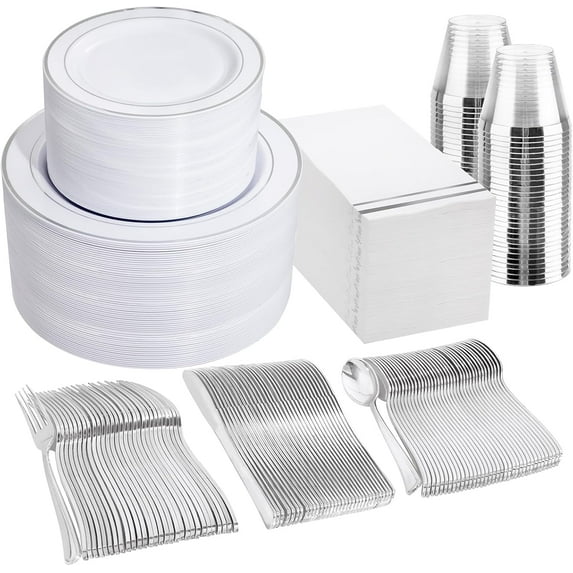 700PCS Silver Plastic Plates - Silver Plate Set 100Guest - Disposable Dinnerware Sets 100Silver Rim Dinner Plates 100Silver Dessert Plate 100Paper Napkins&Cups&silver Plastic Silverware Set