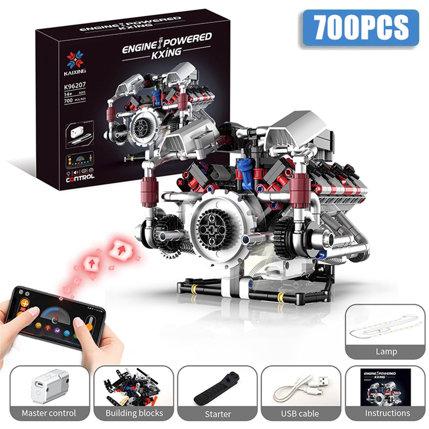 700PCS V8 Engine Kits that Works Building Sets,Car Engine Model Kit with Motor and Lights,Visible Piston Movement Mechanical STEM Toy for Car Enthusiasts Adults,Kids
