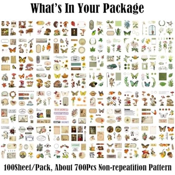 700Pcs/100Sheets Vintage Nature Stickers for Junk Journal Supplies, Retro Flower Butterfly Plant Decorative Stickers, DIY Crafts Phone Cases Laptops Calendars Notebook (Forest Adventure)