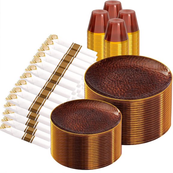 700Pcs Amber Gold Plastic Dinnerware Set, Hammered Clear Gold Plates, Fancy Plastic Plates Include 100 Dinner Platos, 100 Salad Platos, 100 Cups,100 Pack Pre Rolled gold plastic Silverware