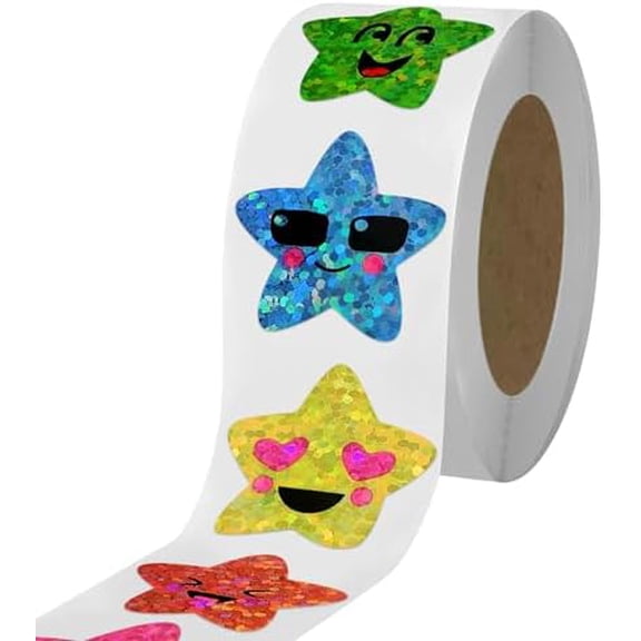 700Pcs Smiley Face Star Stickers for Kids Reward, 1inch 8 Colored Sparkly Foil Expression Stickers for Student Planner and School Classroom Teacher Supplies 3.15inch in Diameter per roll