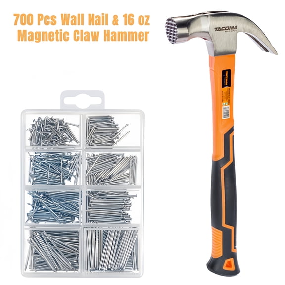 700Pcs Wall Nails & 8/16 Oz Magnetic Claw Hammer Set, Chrome-Plated Nails, Ideal for Home Improvement, Repair and Wall Hanging