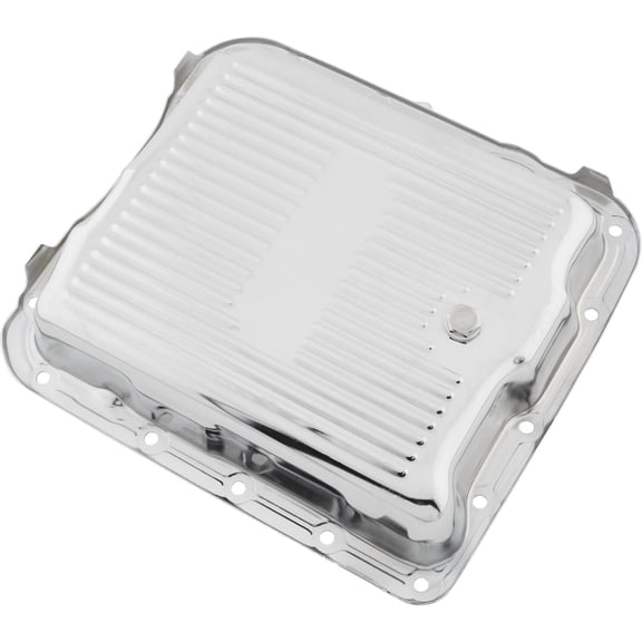 Speedway Motors 700R4 Automatic Transmission Pan Chrome Plated Stamped Steel Stock Capacity With Cooling Fins and Drain Plug Fits GM 700R4 Applications