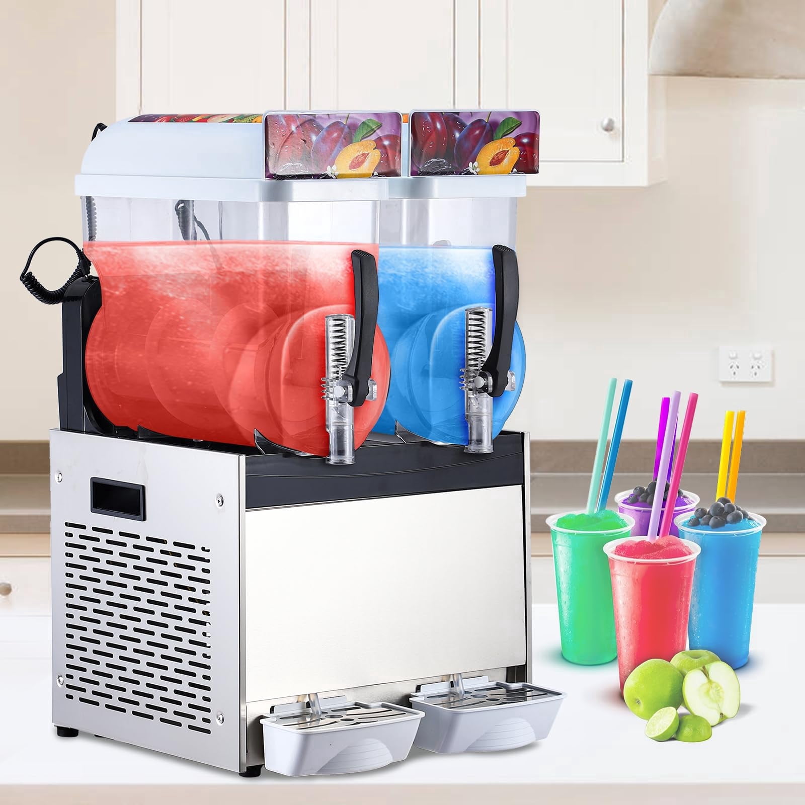700W Dual Tank Commercial Slushie Machine – 15L x 2, Stainless Steel, Self-Cleaning, High-Speed Frozen Drink Maker for Home or Bar, White