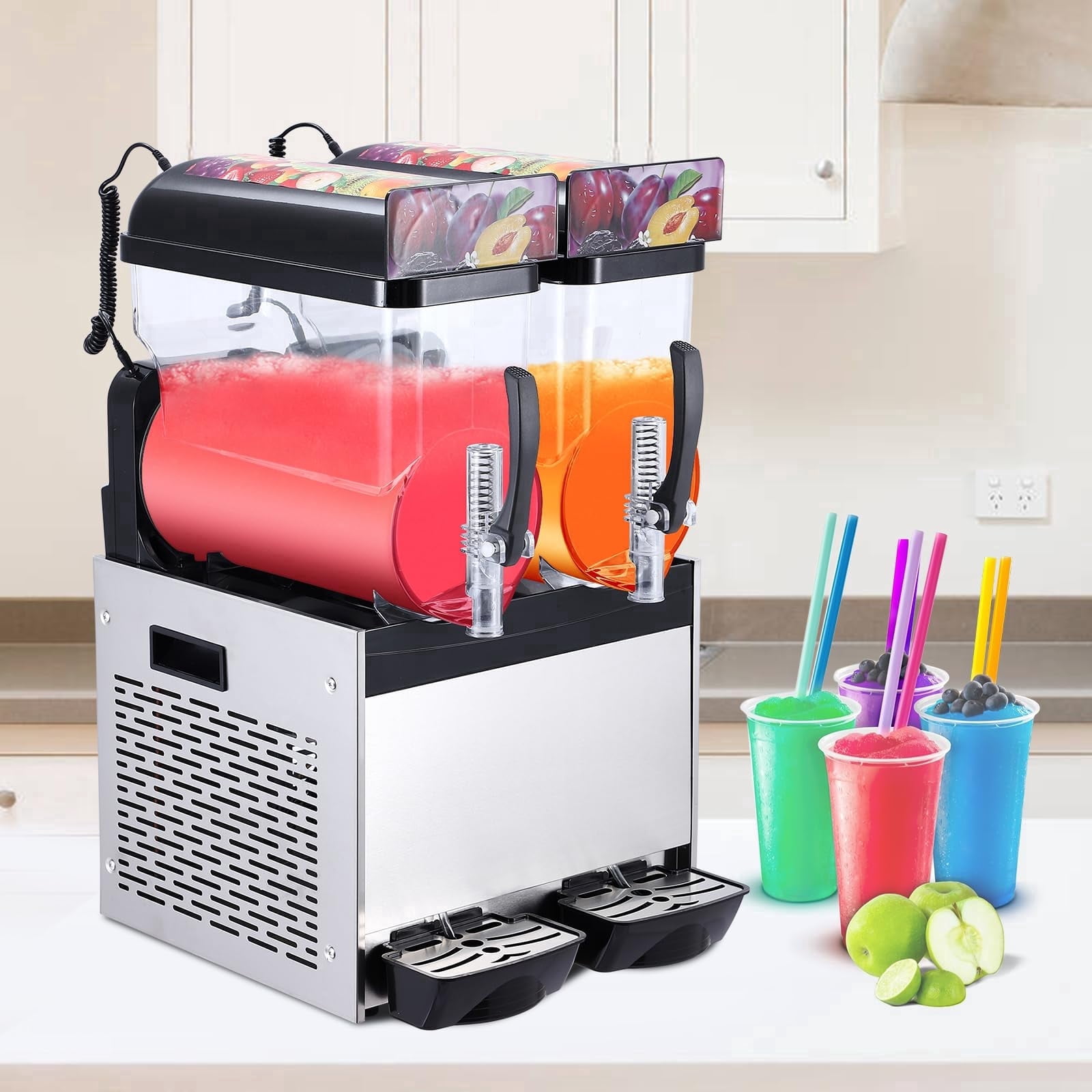 700W Dual Tank Slushie Machine – 15L x 2, Commercial Stainless Steel, Self-Cleaning, High-Speed Frozen Drink Maker for Bar & Home, Black