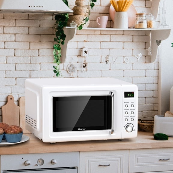 700W Retro Countertop Microwave Oven, 0.7 Cu Ft Compact Kitchen Microwave with 5 Power Levels, 8 Auto Cooking Menus, 360° Glass Turntable, LED Display, Child Lock for Apartment Dorm Studio, White