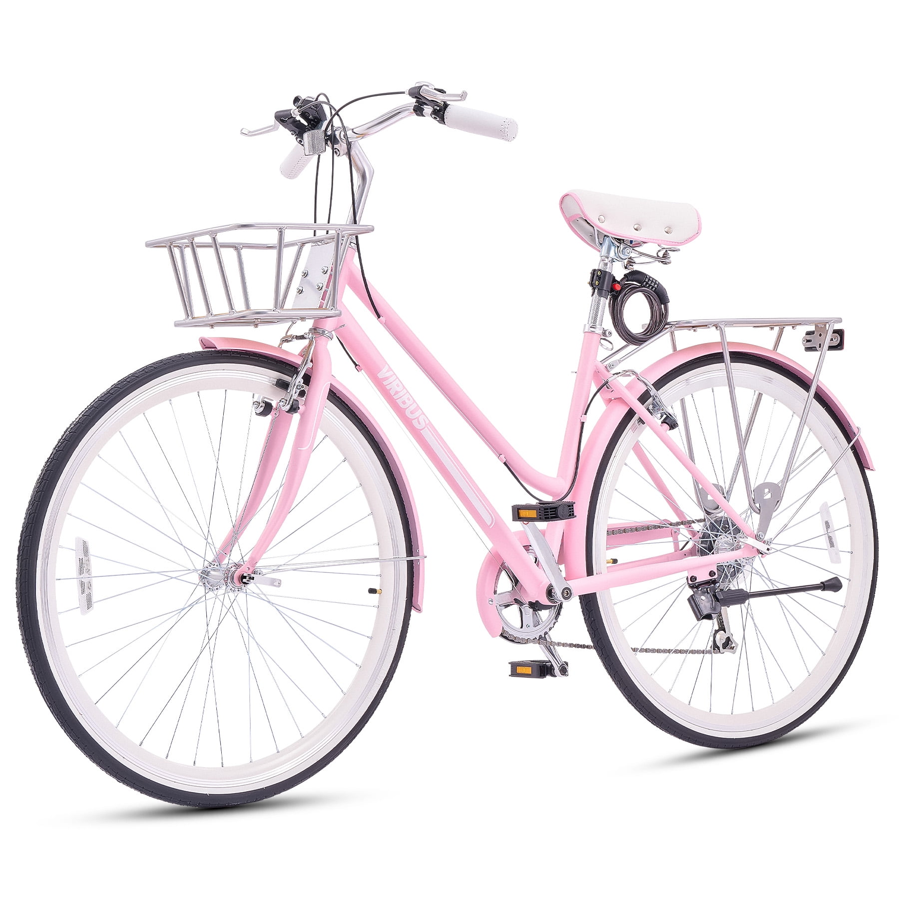 700c Hybrid Bike Beach City Cruiser Bicycle with 7 Speed Derailleur Rear Cargo Rack Pink