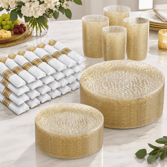 700glitter Plastic Dinnerware Set Hammered Clear Plates Fancy Include 100 Dinner Platos 100 Salad 100 Cups 100 Pack Pre Rolledwar