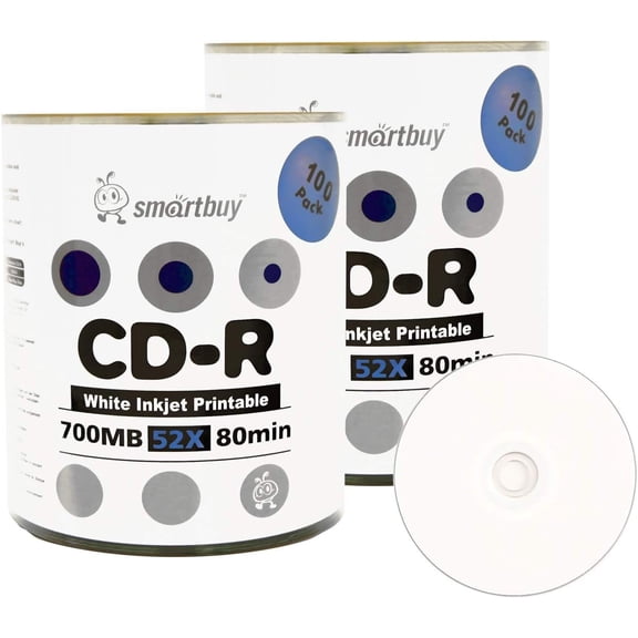 700mb/80min 52x CD-R White Inkjet Hub Printable Blank Recordable Media Disc (200-Disc)