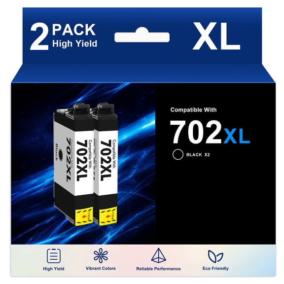 702XL Ink Cartridges Compatible for Epson 702 ink 702 XL Ink for Epson Workforce Pro WF-3733 WF-3730 WF-3720 Printer ( 2*Black )