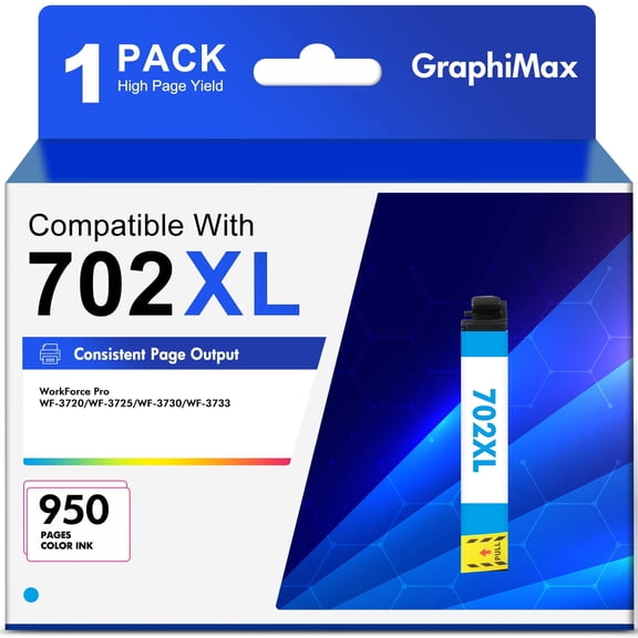 702XL Ink Cartridges Replacement for Epson 702 T702 Ink for Epson Workforce Pro WF-3733 WF-3730 WF-3720 Printer ( Cyan )