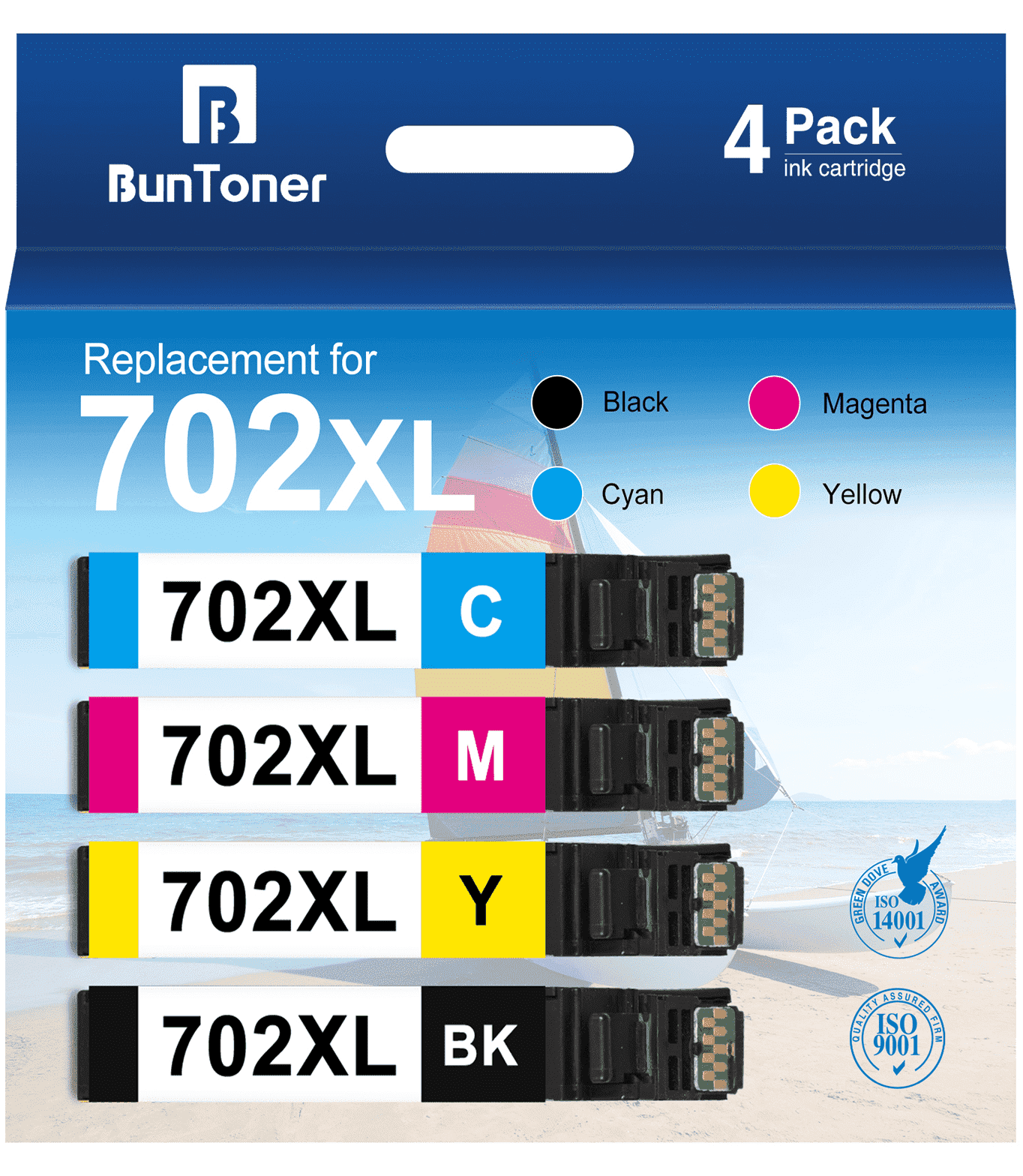 BunToner Ink Cartridges Replacement for Epson 702 Ink Cartridges for Workforce WF-3720 Printer (Black Cyan Magenta Yellow)