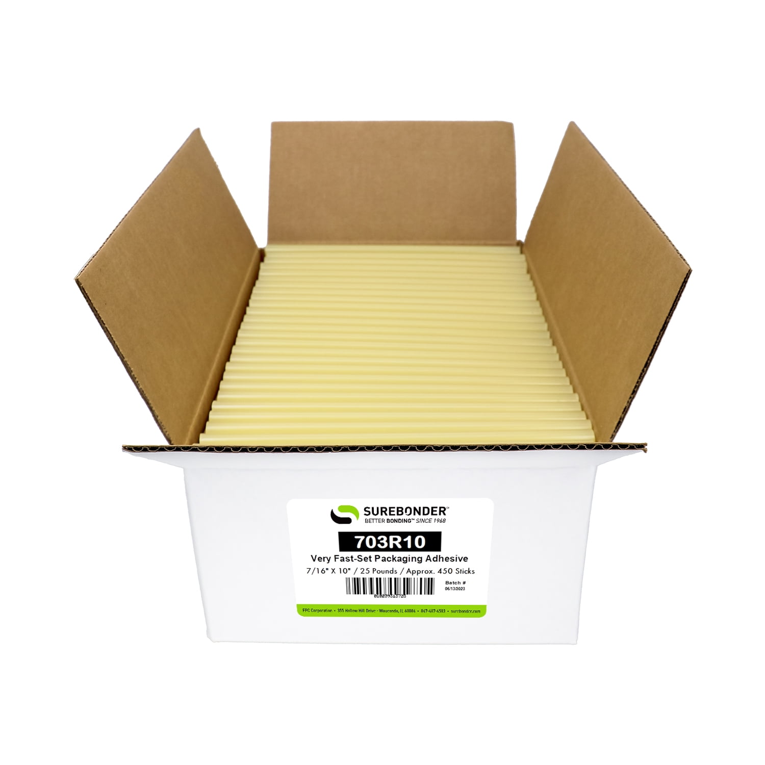 Surebonder 703R10 Full Size 10" Fast Set Packaging Hot Glue Stick for Corrugated Boxes - 25 lb Box, 450 Glue Sticks