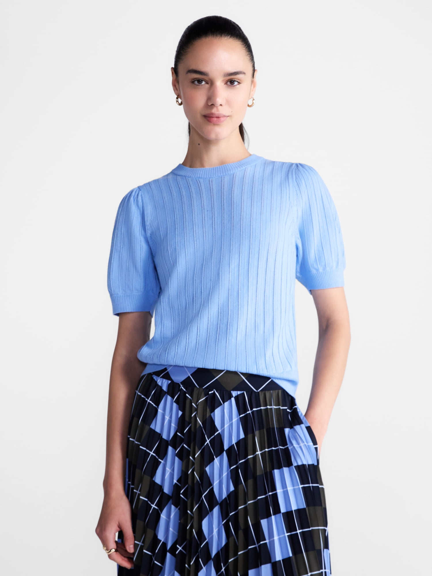 Free Assembly Women’s and Women's Plus Pointelle Sweater with Puff Sleeves, Sizes XS-4X