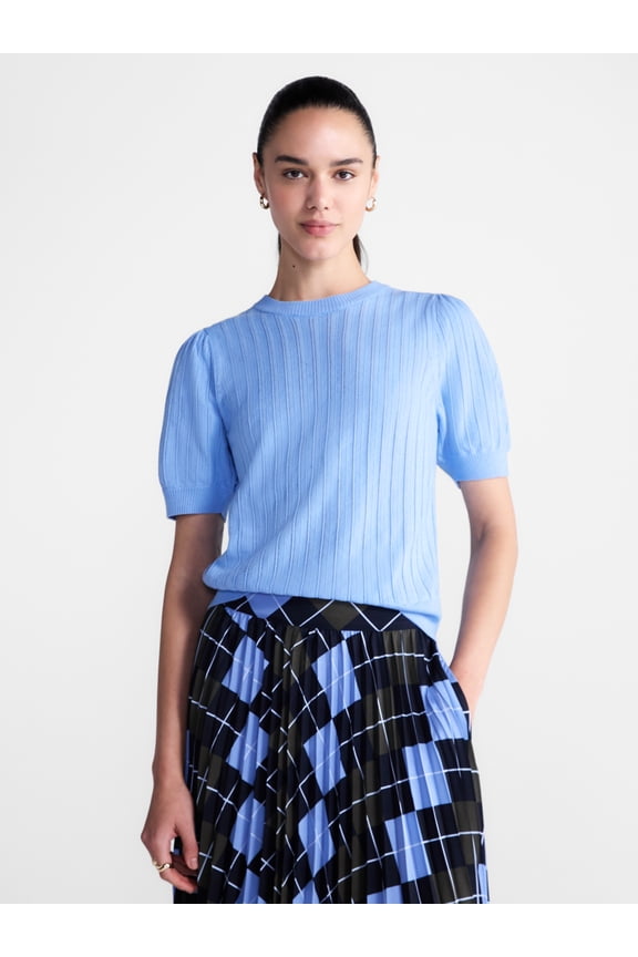 Women’s and Women's Plus Pointelle Sweater with Puff Sleeves, Sizes XS-4X