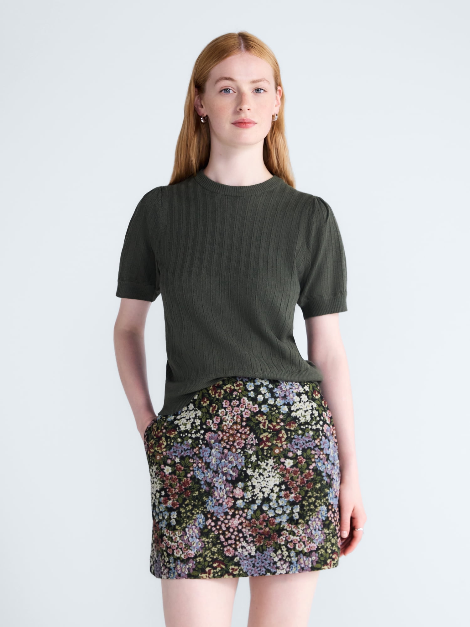 Free Assembly Women’s and Women's Plus Pointelle Sweater with Puff Sleeves, Sizes XS-4X
