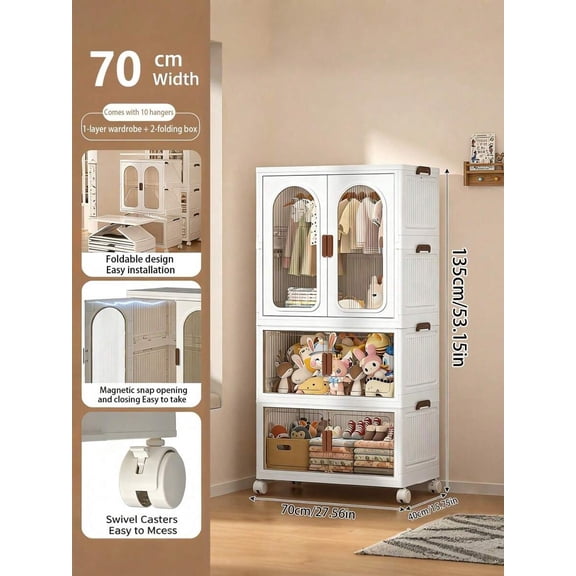70CM/ 27.55in Large Foldable Storage Box With Wheels And Lid, Stackable Storage Box, Front Folding Wardrobe Storage And Storage Space, White 3 Layers