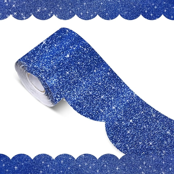 70Ft Glitter Scalloped Bulletin Board Borders - Blue Rolled Border Trim with Wavy Line Design, Shiny Decorative Roll for School, Classroom, Office & Home