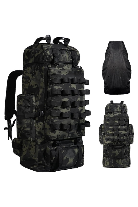 70L/100L Camping Hiking Backpack with Rain Cover, Expandable Large Military Tactical Backpack, Waterproof Molle Racksack Travel Backpacking Daypack for Climbing Trekking (Black CP)