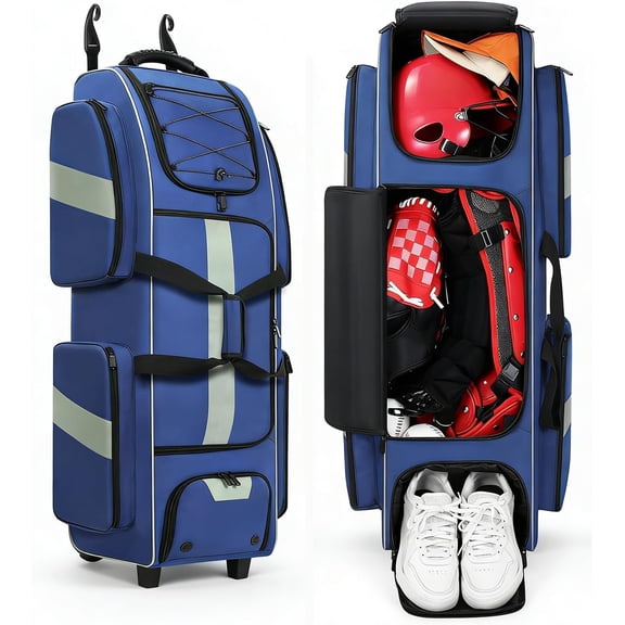 70L Catchers Gear Bag with Wheels, Soft Rolling Baseball & Softball Bag for 4 Bats, Multi-Pockets, Shoe Compartment, Fence Hook, Portable Equipment Bags for Youth & Adult