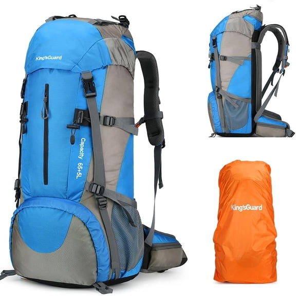 70L Lightweight Water-Resistant Hiking Backpack with Rain Cover, Light Blue