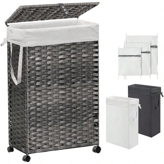 70L Slim Laundry Hamper With Lid Wheels Rolling Laundry Basket With 2 Removable Liner Bags 3 Mesh Bags Narrow Dirty Clothes Basket Foldable Handwoven Rattan Laundry Sorter Grey
