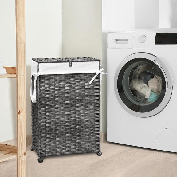 70L Slim Laundry Hamper with Lid & Wheels, Rolling Laundry Basket with 2 Removable Liner Bags & 3 Mesh Bags, Narrow Dirty Clothes Basket, Foldable Handwoven Rattan Laundry Sorter, Grey