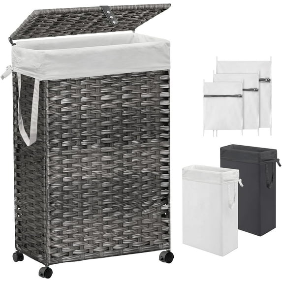 70L Slim Laundry Hamper with Lid & Wheels, Rolling Laundry Basket with 2 Removable Liner Bags & 3 Mesh Bags, Narrow Dirty Clothes Basket, Foldable Handwoven Rattan Laundry Sorter, Grey