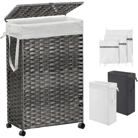 70L Slim Laundry Hamper with Lid & Wheels, Rolling Laundry Basket with 2 Removable Liner Bags & 3 Mesh Bags, Narrow Dirty Clothes Basket, Foldable Handwoven Rattan Laundry Sorter, Grey