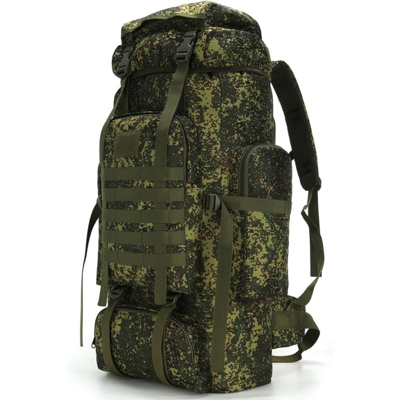 70L Tactical Hiking Backpack for Camping and Climbing Water-Resistant Oxford Fabric, Front-Loading with Drawstring Closure, 6 Pockets, Military-Style Solid Design