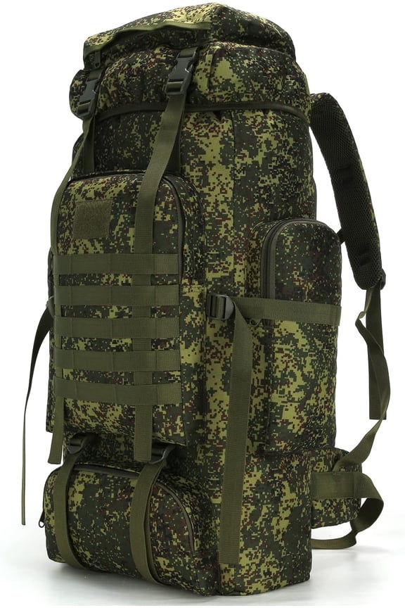 70L Tactical Hiking Backpack for Camping and Climbing Water-Resistant Oxford Fabric, Front-Loading with Drawstring Closure, 6 Pockets, Military-Style Solid Design