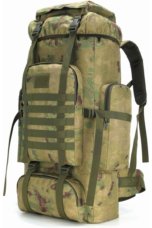 70L Tactical Hiking Backpack for Mountaineering and Travel Water-Resistant Oxford Fabric, Front-Loading with Drawstring Closure, Mesh-Padded Straps, 4 Pockets