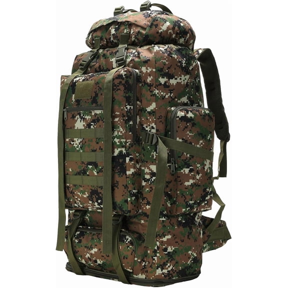 70L Tactical Hiking Backpack for Men with MOLLE System, Water-Resistant Camo Design, Front-Loading and Expandable