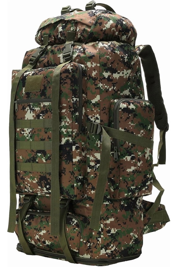 70L Tactical Hiking Backpack for Men with MOLLE System, Water-Resistant Camo Design, Front-Loading and Expandable