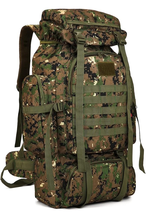 70L Tactical Hiking Backpack with Camouflage Pattern, Water-Resistant Oxford Fabric, Front-Loading Design and MOLLE Webbing