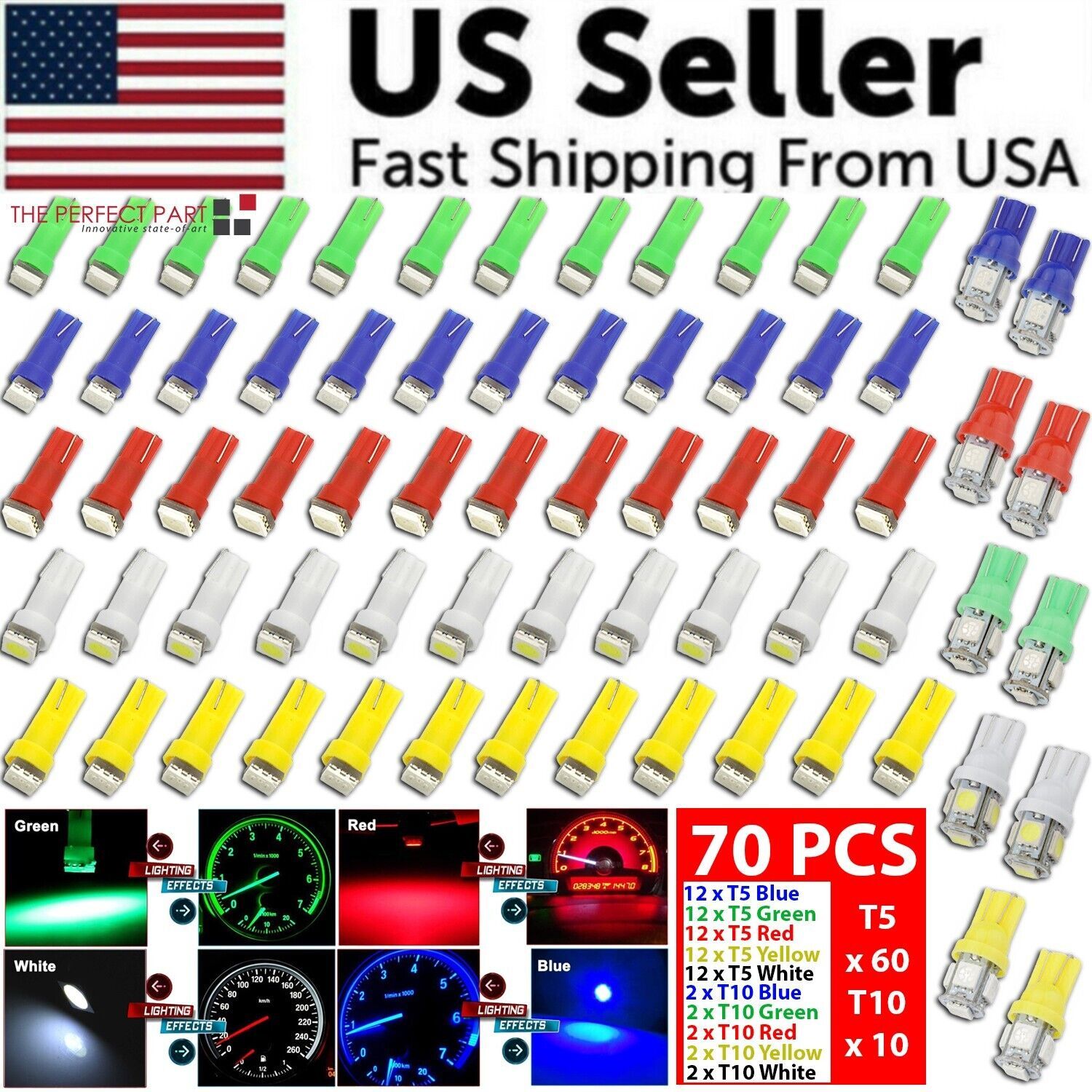 70PCS T5 T10 5050-SMD LED Speedometer Instrument Gauge Cluster Dash ...