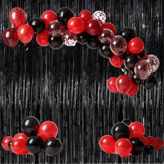 70Pcs 12 Inch Red Black Balloon with Red Black Confetti Latex Balloons and 2 Pack Black Streamer 3.2 x 6.56 FT for Birthday Wedding Baby Bridal Shower Party Decorations
