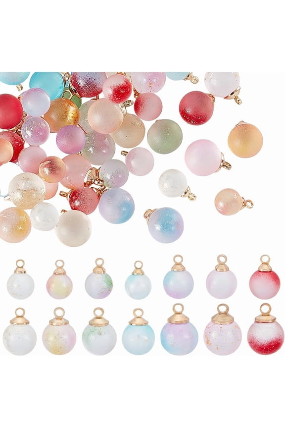 70Pcs 14 Styles Colorful Transparent Spray Painted Glass Ball Charms Two Tone Round Frosted Dangle Pendants with Glitter for DIY Jewelry Making Crafts Supplies