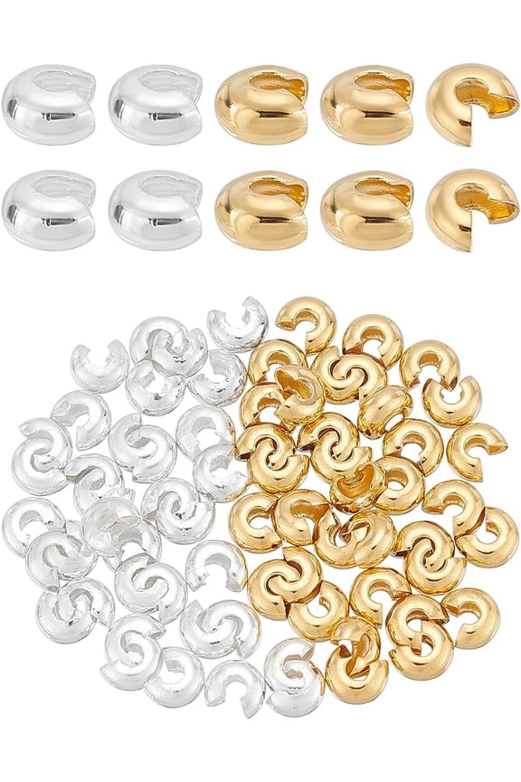 70Pcs 2 Colors Brass Crimp Charms Covers 5.5mm Jewelry Bead Covers Half Round Open Crimp Charms Knot Covers for Jewelry Making Necklaces Bracelets Earrings Supplies Crafts