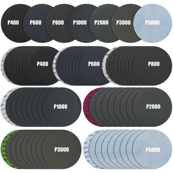 70Pcs 6 Inch No Hole Sanding Discs Hook and Loop, Wet Dry Sandpaper Assortment 400 to 5000 Grit, Silicon Carbide Orbital Sander Pads for Automotive Wood Glass Polishing